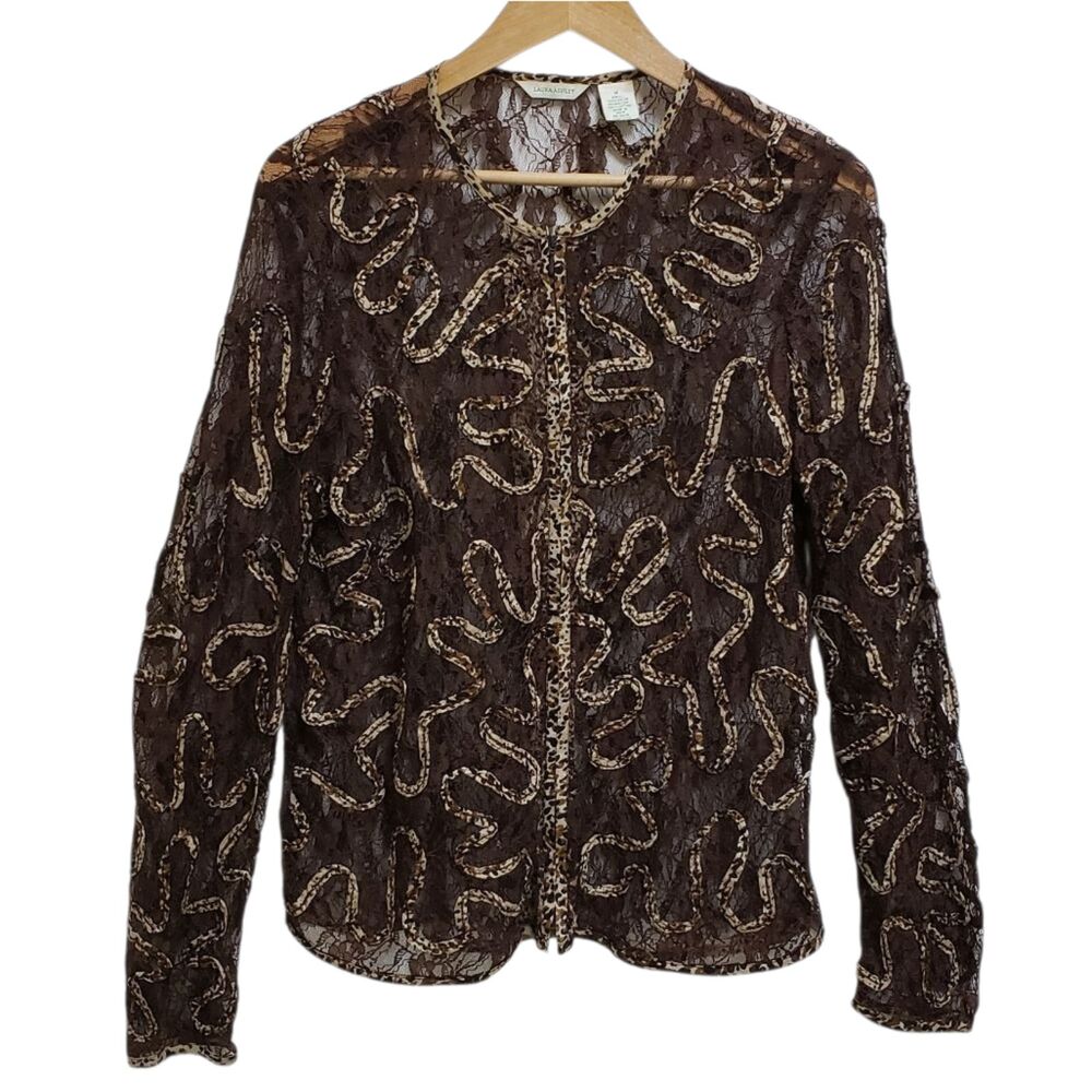 Laura Ashley Jacket Women M Brown Sheer Nylon Lace Ribbon Zip Vintage Boho Party